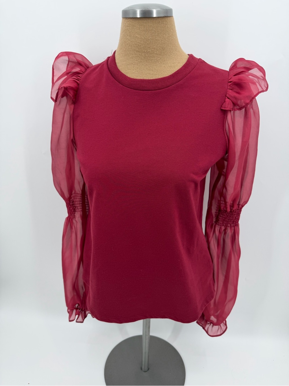 Anthropologie Burgundy Sheer Puff-Sleeve Long Sleeve Top